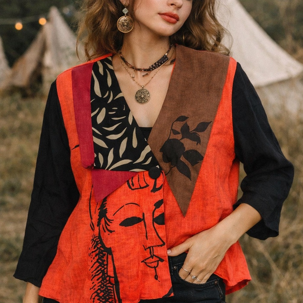 AHNI Handmade Linen Blend Abstract Art Blouse Size 0 Made In USA